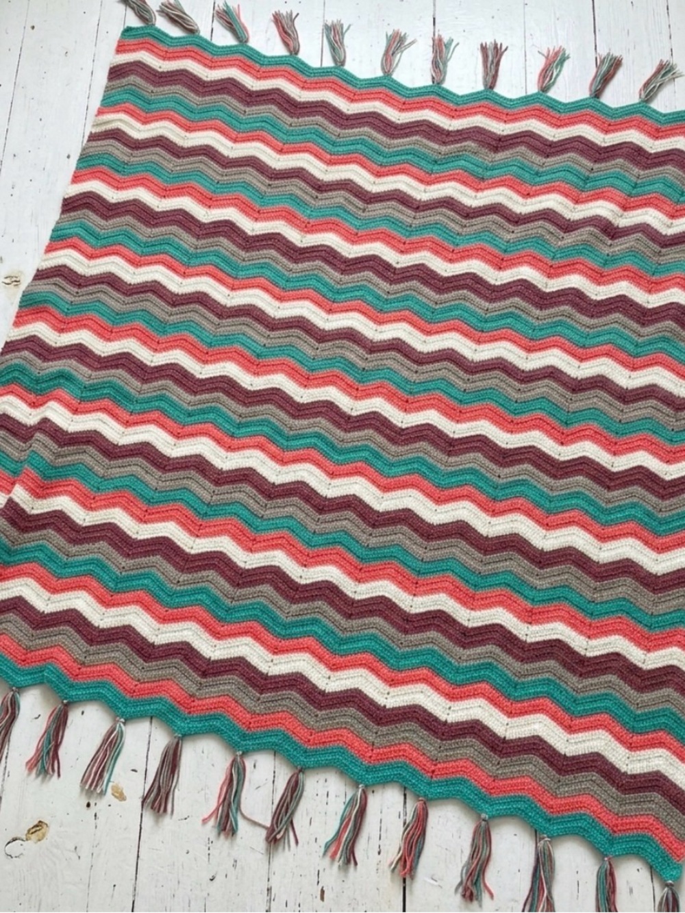 Hand Crochet Afghan Blanket in Teal, Coral, Cream & Brown